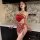 Woman modeling red floral pure & seductive lingerie bodysuit – tempting no-remove bedroom set for her in elegant kitchen sett...