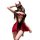 Woman in red and black devil-themed lingerie set with horns, featuring a busty design and playful bow details.