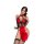 Woman wearing red and black lace cheongsam lingerie set, flirty erotic nightwear with thigh-high stockings.