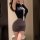 Woman wearing pure & seductive lingerie set - modest yet sexy secretary cosplay sleepwear with pencil skirt, posing indoors.
