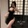 Woman wearing black lace-trimmed qipao-inspired lingerie set, posing in front of shoji screen — pure & seductive lingerie set...