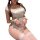 Woman wearing white cherry print lingerie set with lace trim, sheer stockings and wrist cuffs.