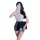 Woman in white lace top and gray secretary skirt holding a black folder, showcasing the pure & seductive lingerie set.