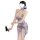 A woman models a sheer, floral-patterned qipao-inspired sleepwear set. the dress features a plunging neckline and thigh-high ...