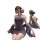 Woman in elegant purple lace qqny silk-look cheongsam bodysuit with high-waisted pencil skirt, floral hair accessory.