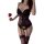 Woman in a black and purple pure & seductive lingerie set, holding a red rose.