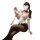 A woman poses with a heart-shaped mask over her face, wearing a white blouse tied at the front and black stockings, showcasin...