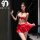 Woman modeling red and white lingerie set with bow details, featuring a bodycon skirt in jk uniform style.