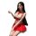 Woman modeling red and white lace lingerie set with bodycon skirt, styled as a sexy jk uniform outfit.