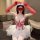 Woman in red and white nurse costume with lace bodysuit, sheer gloves, and tutu skirt. pure & seductive nurse costume set - l...