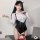 Pure & seductive ol secretary lingerie set featuring a form-fitting bodysuit with suspenders, thigh-high stockings, and a whi...