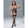 Woman modeling black sheer mesh bodysuit with lace trim and open-crotch design, paired with fishnet stockings.