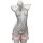 Sheer mesh bodysuit with knotted buttons, tassels, and open-crotch design. pink trim accents this seductive sleepwear set.