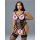 Woman wearing black sheer mesh bodysuit with lace trim and open-crotch design, paired with matching fishnet stockings.