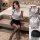 Model wearing pure & seductive white shirt lingerie set - secretary style sheer tight-fit sleepwear outfit with black skirt a...