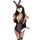 Woman wearing elegant black lace bunny girl lingerie set with purple accents, perfect for romantic nights.