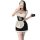 A woman models a black and white maid costume set, featuring a corseted bodice, apron, and lace stockings, perfect for sleepw...