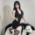 Woman wearing black luxury pure-sensual lingerie set – push-up open-crotch bodysuit with bodycon slip dress, enhancing small ...