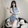 Woman modeling light blue luxury pure-sensual womens lingerie set – push-up open-crotch bodysuit with bodycon slip dress desi...