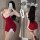 Woman modeling red pure & sexy lace bodysuit with sheer mesh, padded bra, and bow details — perfect for lounge or nightwear.