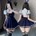Pure & sexy lingerie set featuring a navy pleated skirt with suspenders, bunny ears, and a school uniform top, perfect for co...