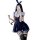 A person wearing a navy blue school uniform-style dress with white trimmings, bunny ears, and suspenders. the outfit includes...