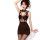 Woman modeling black lace bodysuit dress with sheer panel and removable pads, form-fitting sheath style for sensual allure.