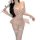 Woman in pink embroidered lace bodysuit with sheer mesh, adjustable waist tie, and open-crotch design.