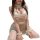 Woman wearing pure temptation lace lingerie set - modest maid costume with ruffled hem, bow choker, and bear apron detail.