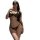 Woman in black lace lingerie set with blindfold, featuring a seductive yet modest design for alluring sleepwear.