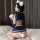 Woman in navy sailor-style lingerie set with white trim, bow headband, and fluffy tail—part of the pure & tempting jk uniform...