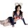Woman in navy sailor-style lingerie set with red bow, white fur ears, and thigh-high stockings for roleplay.
