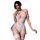 Woman modeling a white sheer lace bodysuit with mesh details and matching thigh-high stockings.