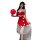 A woman models a festive red dress with white accents, featuring buttons and a bow, paired with a sheer skirt and santa hat, ...