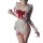 Woman wearing white lace lingerie set with red bow, featuring modest yet sexy chef and maid costume design for sleepwear.