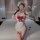 Woman in bedroom wearing white lace maid costume with red bow, part of pure & tempting lingerie set - modest yet sexy chef & ...