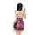 Woman wearing purple open-crotch bodycon skirt sleepwear with back ties, modest yet sexy lingerie set for nightwear.