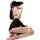 Woman in black and white maid costume lingerie set, kneeling pose with ruffled skirt and headband.