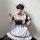 A person wearing a black and white maid costume set, featuring ruffled sleeves, a corseted bodice, and a full skirt, perfect ...