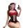 A woman poses in a red and black sheer lingerie bodysuit with lace details, featuring an open crotch design and thigh-high st...