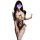 Woman modeling pure & tempting vintage lace bodysuit with bow tie, ruffled backless design, and thigh-high stockings.