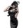 Sexy black bodycon dress with halter neck design, perfect for evening wear or sleepwear, paired with sheer stockings.