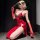 A woman poses elegantly in a red qipao-inspired bodysuit, featuring lace details and sheer gloves, embodying modest yet sensu...