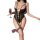 Woman in black lace bodysuit with adjustable straps, holding wine glass, paired with fishnet stockings.
