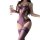 Woman in purple lace bodysuit holding wine glass, sheer sexy lingerie set with elegant cutouts and matching stockings.