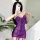 Woman wearing purple lace bodysuit with cat ears, showcasing sexy seamless thong design and busty look in mirror selfie.