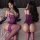 Woman modeling purple lace busty chemise with adjustable straps, removable padding, and matching garter belt in sexy sleepwea...
