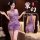 Purple lace cheongsam bodysuit with halter neck design, sheer sensual lingerie featuring pure-yu style and no-undress design.