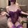 Woman wearing purple lace corset bodysuit with matching garters, sheer fabric and ribbon details, elegant seductive sleepwear...