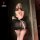 Woman wearing black mesh maid lingerie with sheer peekaboo butt and white bow, holding phone in mirror selfie.